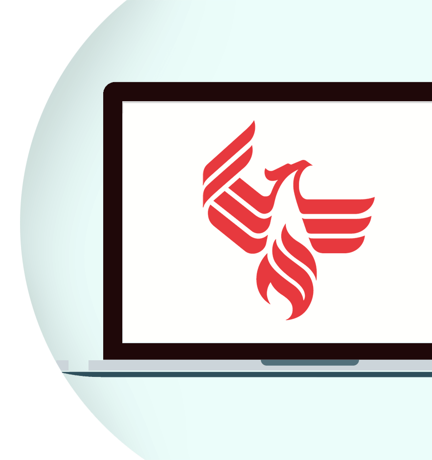 A computer monitor with the University of Phoenix logo on it.