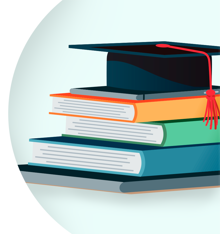 A stack of books with a graduation cap on top 