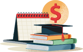 A mortarboard sits on 3 books with a calendar and money sign behind them