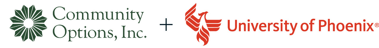 Community options Inc logo plus University of Phoenix logo