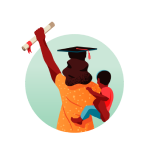 Illustration of graduate in cap raising her diploma in triumph while holding her baby.
