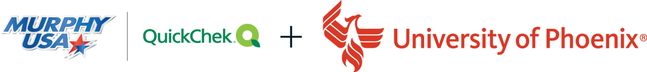 Murphy USA plus Quick check logo plus University of Phoenix logo