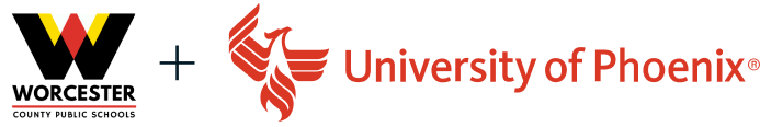Worcester County public schools plus University of Phoenix logo