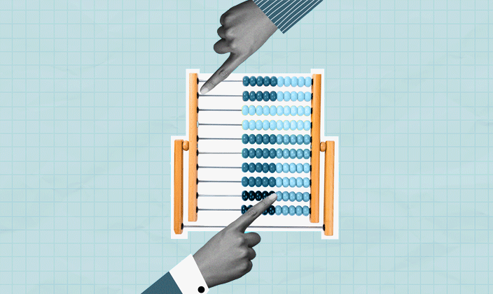 Two fingers pointing at an ancient counting tool, called the abacus, to signify habits of an accountant