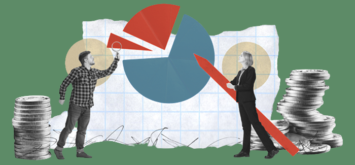 A male and female accountant signifying the difference between public vs. private accounting, holding an oversized pencil and magnifying glass among two stacks of coins and pointing at a pie chart