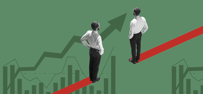 Two men standing on red stripes looking different directions on charts and graph, much like the information needed by a data analyst vs business analyst