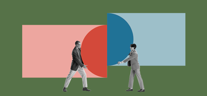 Two logistics managers, each holding half of a circle, one red and one blue, and pushing them together.