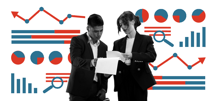 Two business professionals to look over paperwork to represent data visualizations