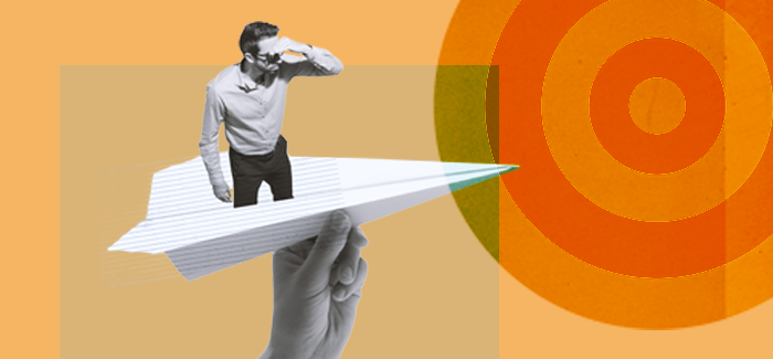 A businessman riding on a paper airplane looking into the distance to signify vision, values and mission statements