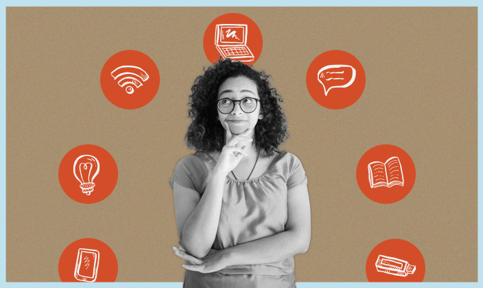 An image of a woman surrounded by thought bubbles, wondering about what are the steps to get an MBA.