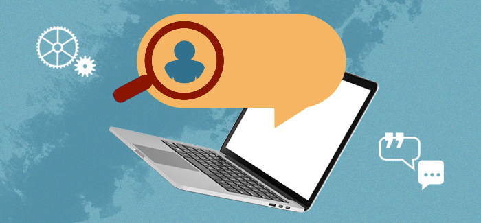 Person icon in search bar with laptop and gears to represent CRM system