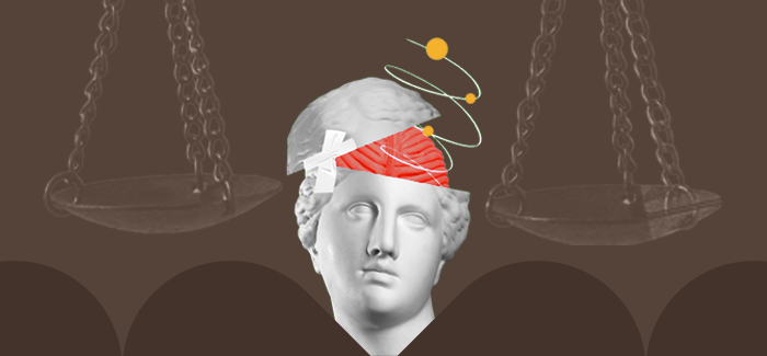 Sculpture of a head with a brain sticking out to signify victimology