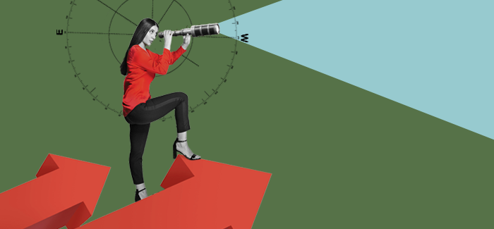 Woman standing on two red arrows and looking through a telescope to signify enterprise risk management