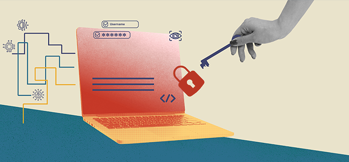 A hand holding a key to release a padlock in front of a laptop computer to signify network security
