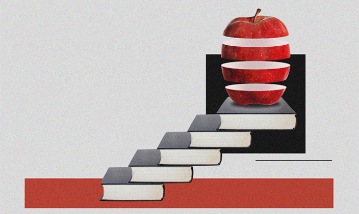 books acting as stairs toward an apple to signify the steps to becoming a school administrator