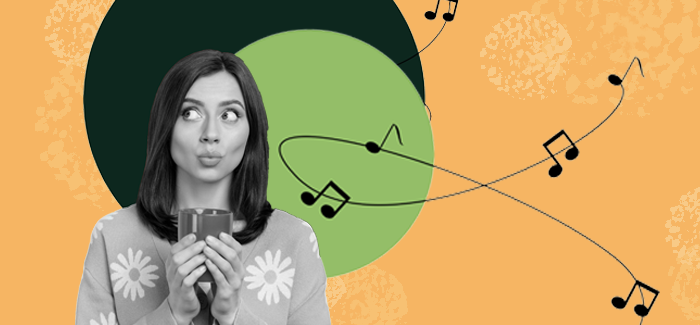 High school music teacher holding a cup of coffee and daydreaming about music with musical notes swirling around in the background.
