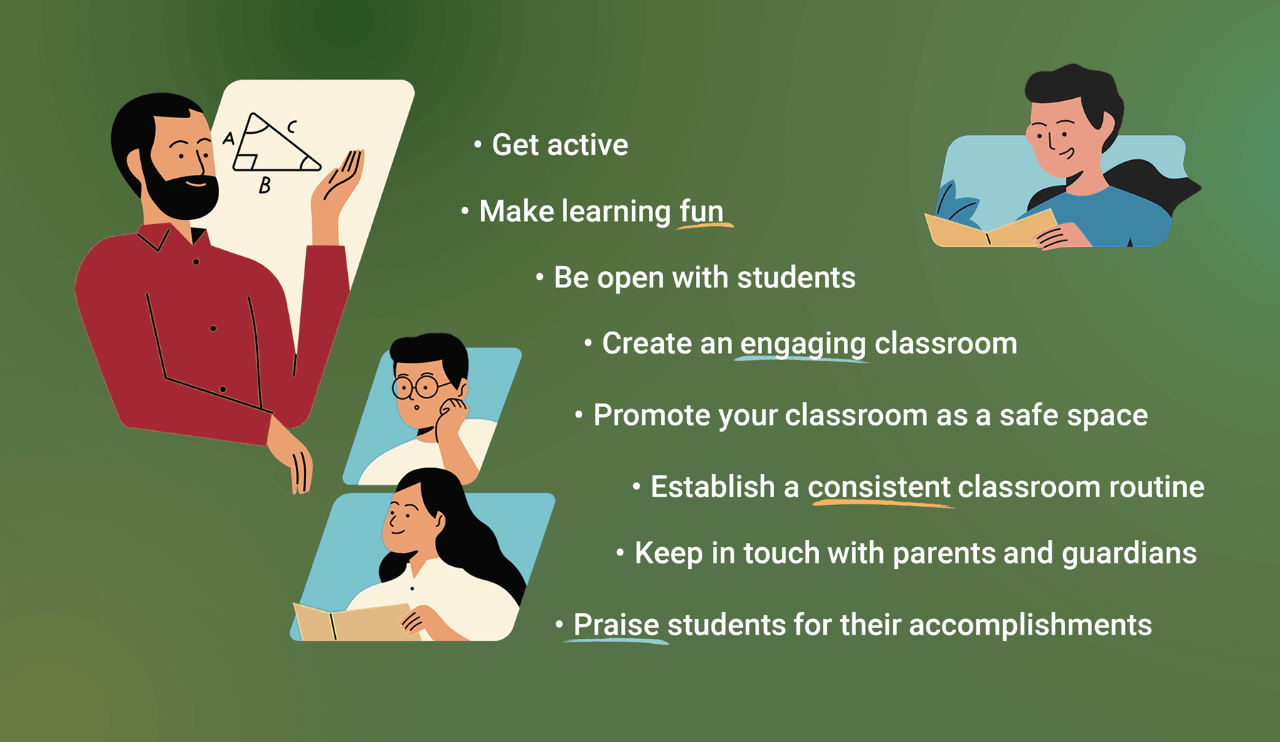 Inforgraphic of a male teacher and three students in a classroom with eight bullet points describing how to create a welcoming classroom