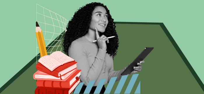 A young woman surrounded by books and a pencil, taking notes  about what she is learning while student teaching