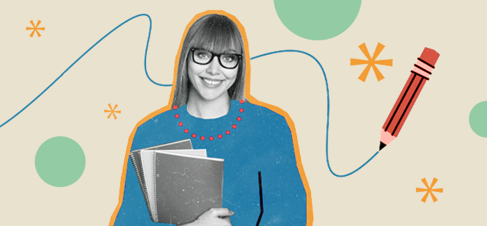 Female educator exhibiting the qualities of a good teacher, holding notebooks in front of  a background with stars and pencils