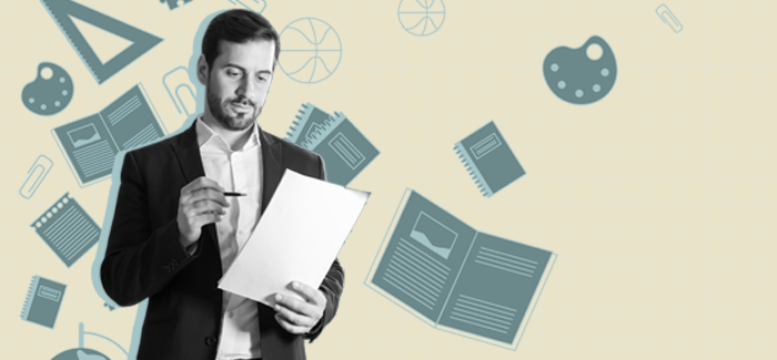 Education student  looking at a list of requirements for continuing education for teachers with notebooks, paperclips, and other school-related  icons in the background.