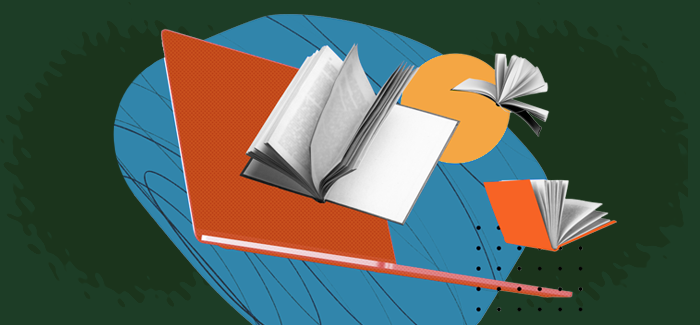 A notebook, pencil and text books flying through the air to signify  teaching online in a virtual classroom