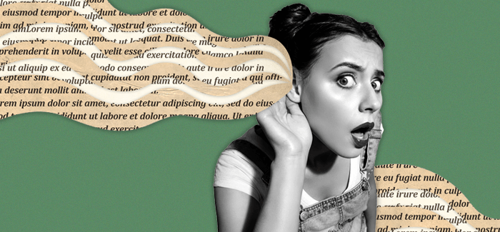 A female student who is an auditory learner with her hand up to her ear and text coming out of her ear