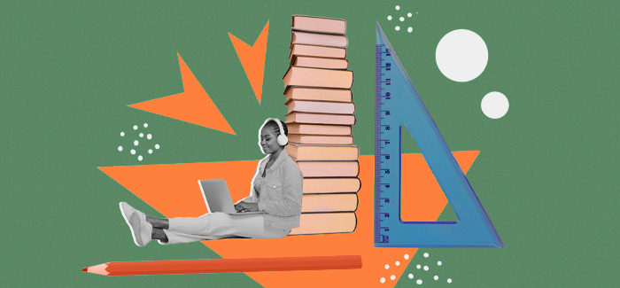 Student wearing headphones, working on her laptop, and leaning on a stack of books showing blended learning online and in the classroom