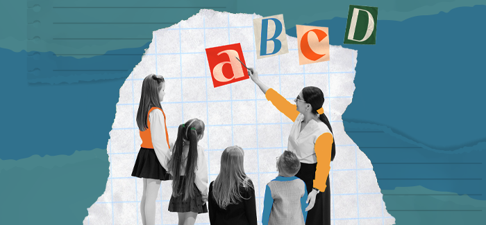 Female teaxher with four students to signify teacher leadership