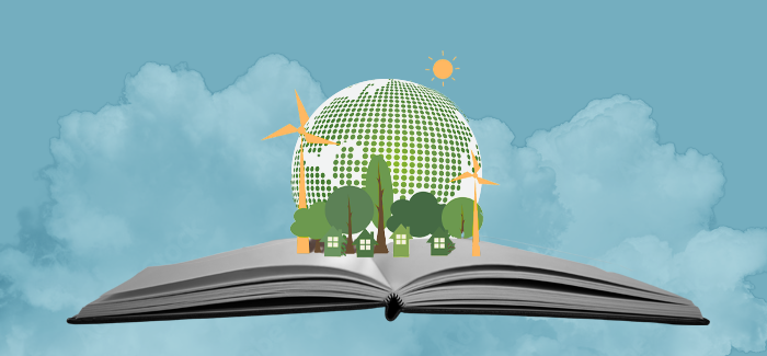 Imagery of a globe and trees growing out of a book to signify environmental science degree jobs