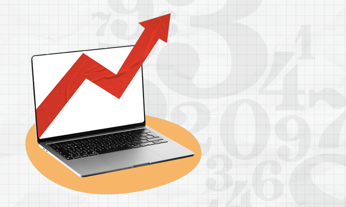 An illustration showing a line chart jumping off a laptop screen signifying a finance portfolio