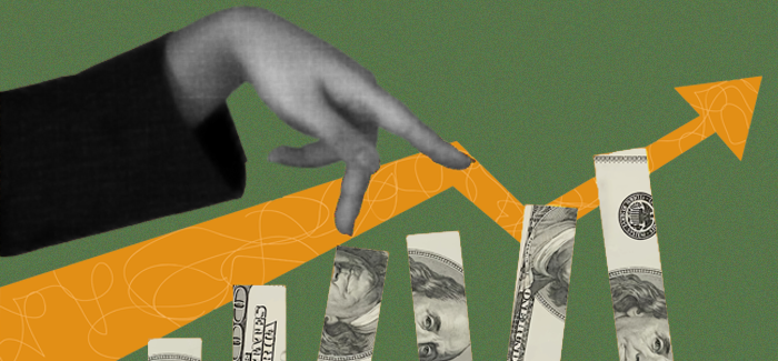 A hand pointing to slices of a dollar bills holding up an upward arrow to signify financial forecasting