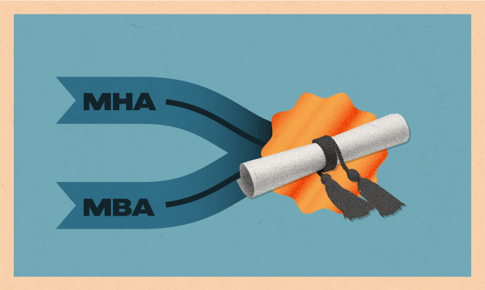 A diploma with two tracks to represent an MBA MHA dual degree