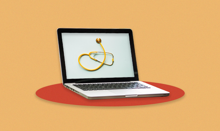 A laptop with a stethoscope on the screen to represent health information technology