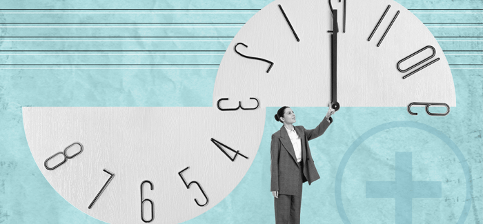 Illustration of a female in healthcare management looking at a clock that is cut in  half vertically