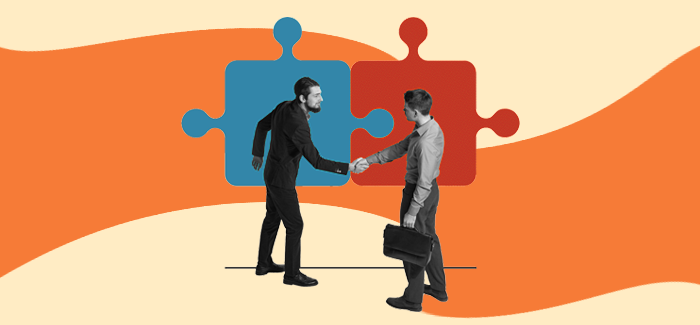 Collage-style illustration of two men in suits shaking hands as they begin an employee onboarding experience