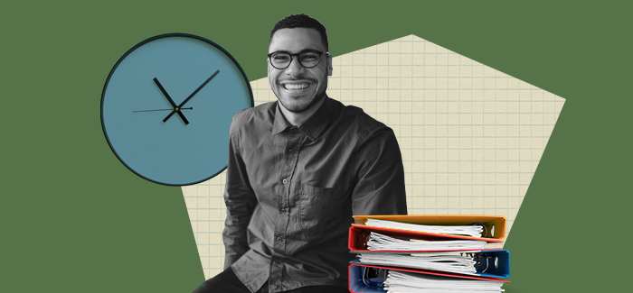 Human Resources professional pictured with an illustrated clock and binders to signify essential HR skills