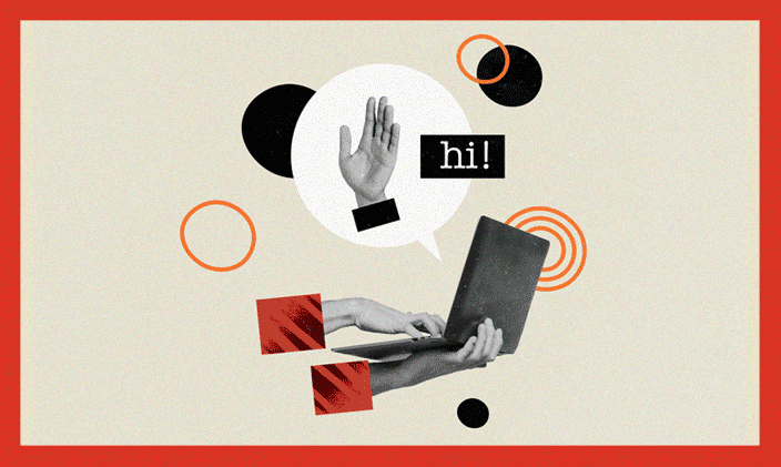one hand typing while other hand waves hello  to signify computer science skills.