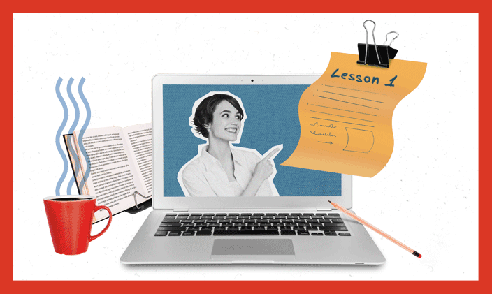 A laptop, coffee cup, book and paperwork with a woman pointing at it to represent tech credentials to upskill and stay relevant