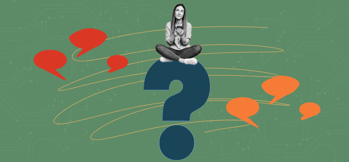 Woman sitting on a question mark looking up tech terms on her phone with speech bubbles in the background