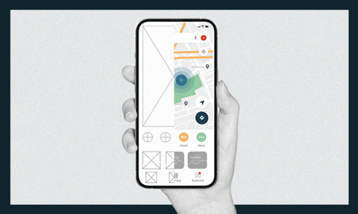A hand holding up a phone, showcasing two sides of a user interface with design