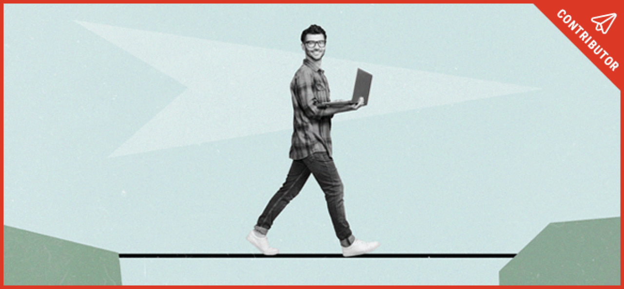Illustration of a man who studied comp sci as he holds a laptop while crossing a bridge