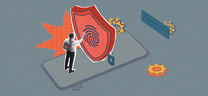 Man standing in front of a shield with a thumbprint to signify what can you do with an IT degree