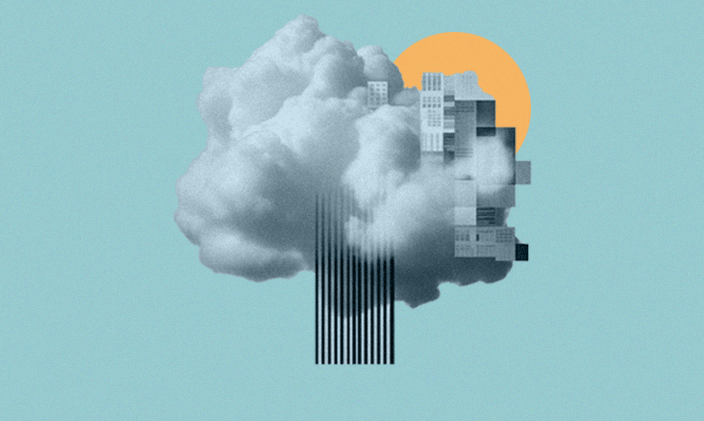 A partial pixelated cloud and sun peeking out to signify a data architect