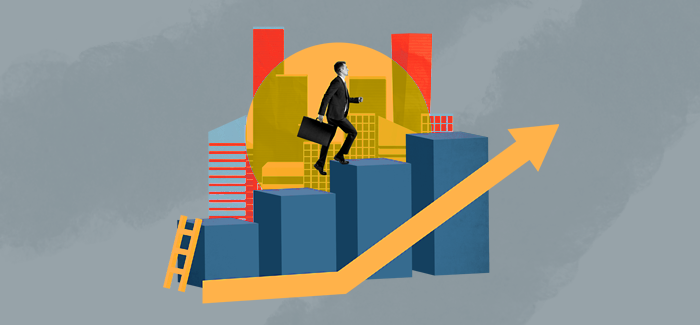 A business man with a brief case walking up blogs to signify business intelligence