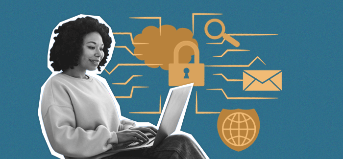 Woman working on a laptop with various computer-related icons in the background to signify what is CIS? Computer Information Systems 