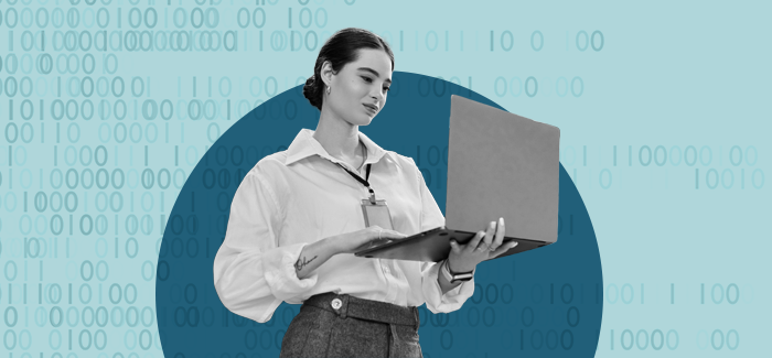 Data management professional works on her laptop with a background of binary code