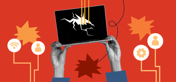 Two hands holding  up a laptop with a cracked screen to signify IT risk management
