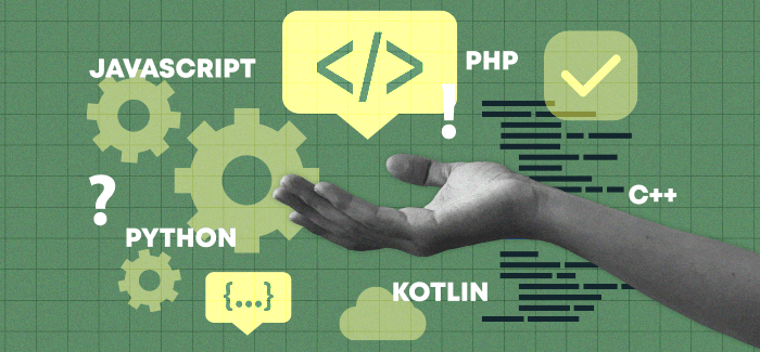 A hand holding a coding symbol with other symbols floating around it for the best programming language to learn.