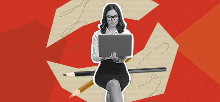 Woman working on laptop with pencils and squiggly lines in the background to signify careers and jobs in creative writing