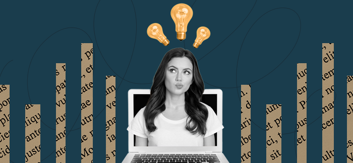 Woman sitting in front of her laptop, looking quizzical with lightbulbs above her head to signify wondering what you can do with a liberal arts degree